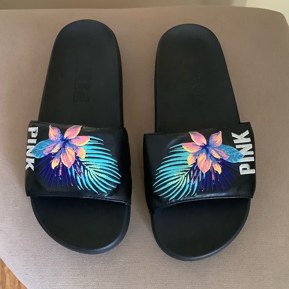PINK Victoria's Secret Black Floral Slides